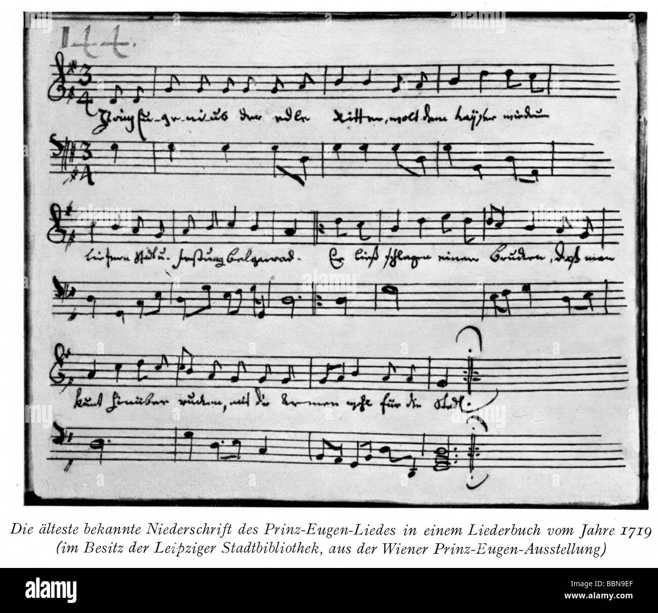 Musica, notazione, 'Prine Eugene Song' (1717), da un songbook, 1719, Leipzig City Library, , Foto Stock