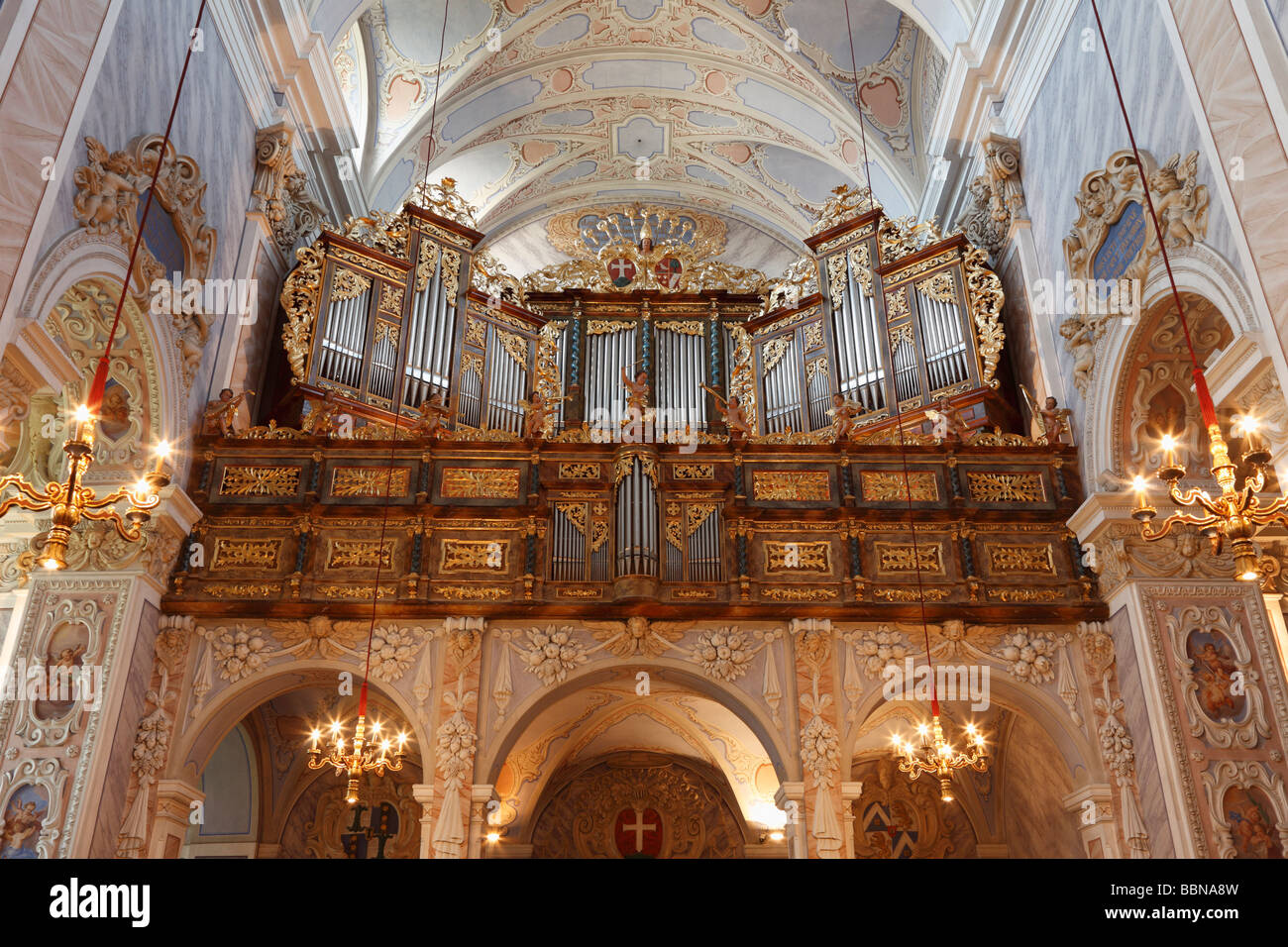 Organo nella chiesa, Stift Goettweig monastero, Wachau, Mostviertel regione, Austria Inferiore, Austria, Europa Foto Stock