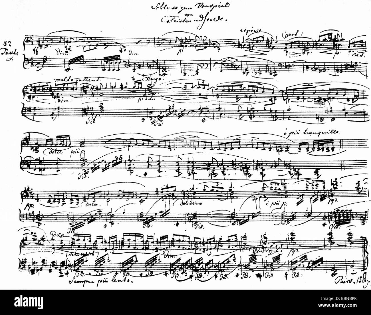 Wagner, Richard, 22.5.1813 - 13.2.1883, compositore tedesco, opere, opera 'Tristan und Isolde', conclusione del preludio, scrittura a mano, Parigi, 19.12.1859, Foto Stock