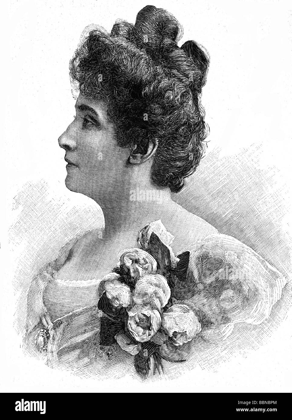 Melba, Nellie, 15.5.1861 - 23.2.1931, cantante d'opera australiana (Coloratura soprano), ritratto, faccia laterale, incisione in legno, circa 1890, Foto Stock