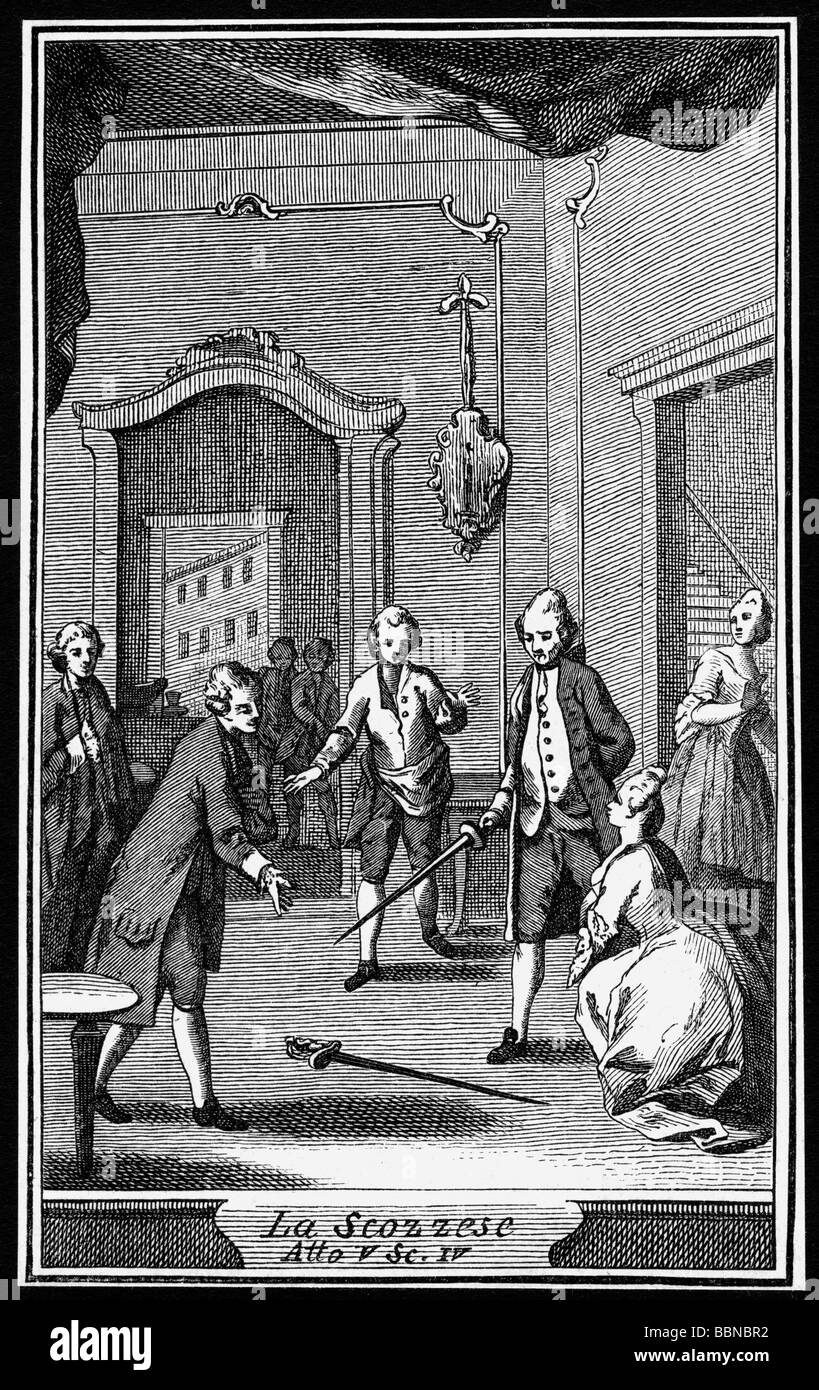 Goldoni Carlo, 25.2.1707 - 6.1.1793, autore italiano / scrittore, il suo lavoro "The Scotsman" (Lo scozzese), scena dopo incisione su rame da Barzalli e Siampissoli, dopo il disegno da P. A. per il romanzo "Opere", Venezia, 1760, artista del diritto d'autore non deve essere cancellata Foto Stock