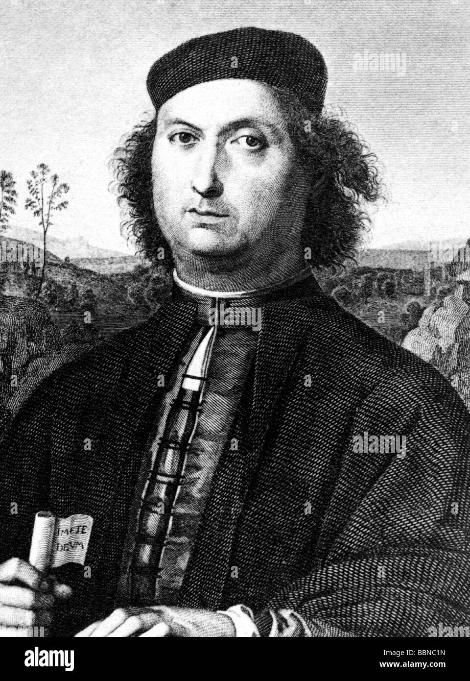 Perugino, Pietro, 1445 - 1523, artista italiano (pittore), incisione su legno, mezza lunghezza, Foto Stock Perugino, Pietro, 1445 - 1523, artista italiano (pittore), incisione su legno, mezza lunghezza, Foto Stock
