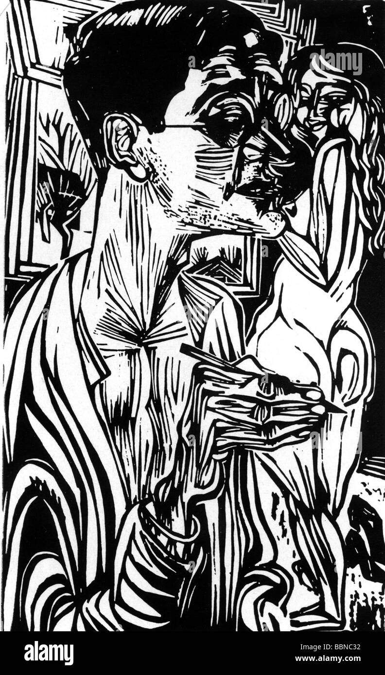 Felixmüller, Conrad, 21.5.1897 - 24.3.1977, artista tedesco (pittore, artista grafico), autoritratto, con sitter, 1923, legno tagliato, collezione privata, , Foto Stock