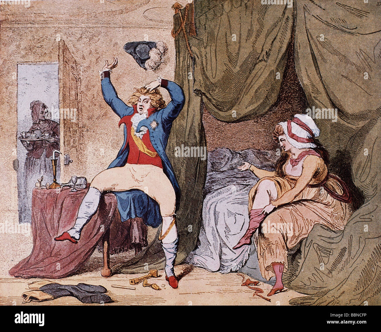 Georg IV, 12.8.1762 - 26.6. 1830, Re di Gran Bretagna dal 29.1.1820, caricatura sul suo matrimonio con la signorina Fitzherbert, di James Gillray, 1788, Foto Stock