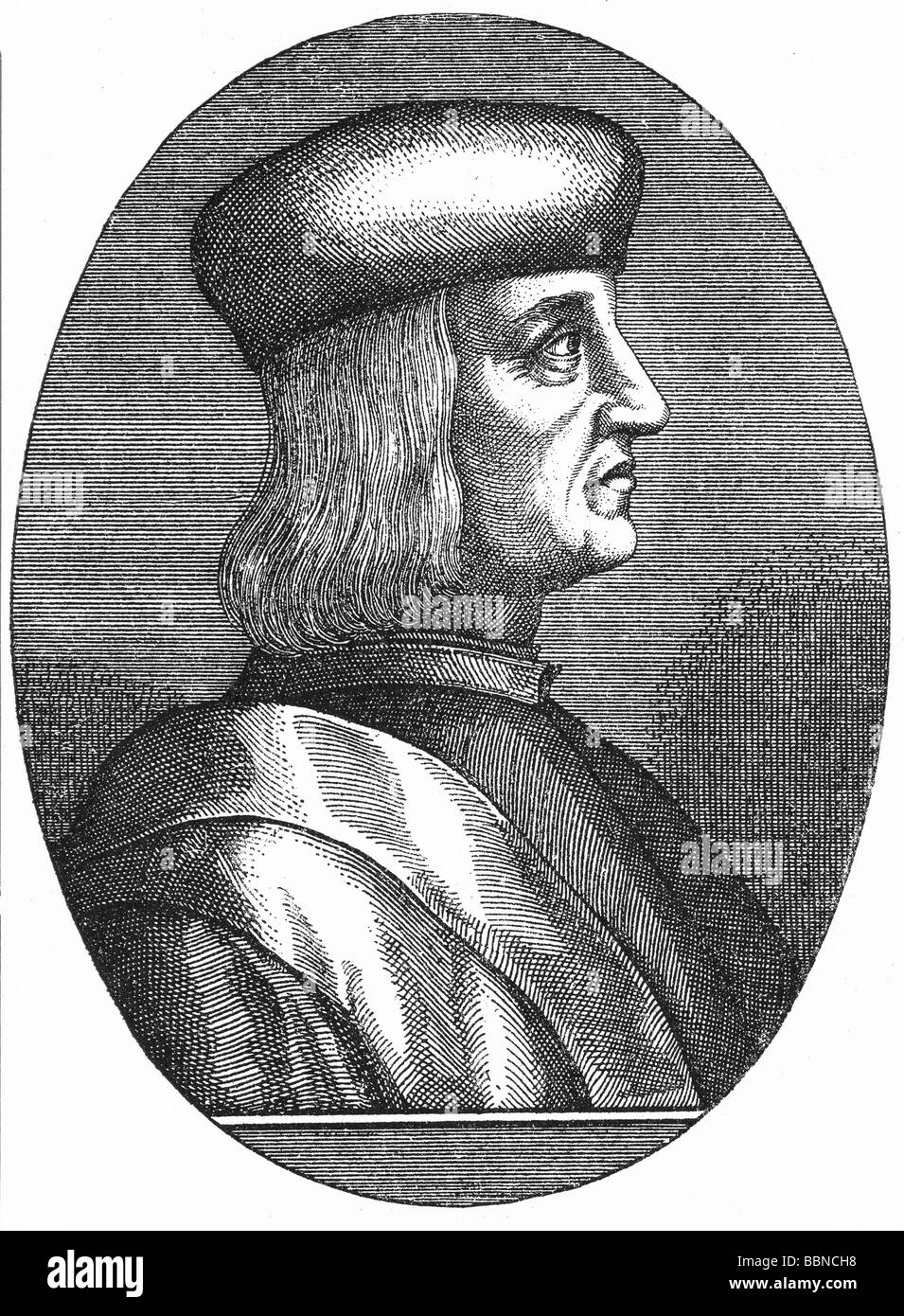 Manutius, Aldus, il sambuco, 1449 - 6.2.1515, Italiano stampante, ritratto, faccia laterale, dopo contemporanea incisione su rame, incisione su legno, secolo XIX, artista del diritto d'autore non deve essere cancellata Foto Stock