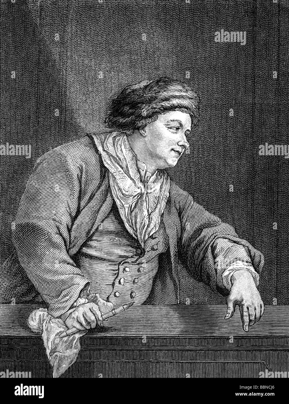 Loo, Carle van (Charles Andre van Loo) 15.2.1705 - 15.7.1765, pittore francese, a mezza lunghezza, dopo disegno di Demarteau dopo autoritratto, incisione in legno, 19th secolo, Foto Stock