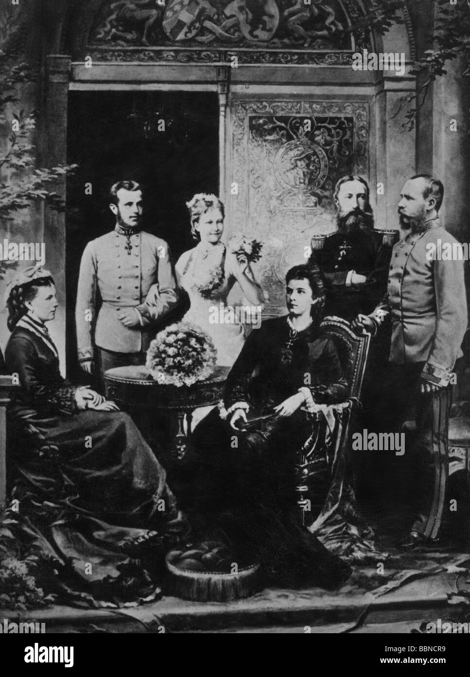 Franz Joseph i, 18.8.1830 - 21.11.1916, Imperatore d'Austria 2.12.1848 - 21.11.1916, con la moglie Elisabeth, figlio Rudolf, nuora Stephanie e la coppia reale del Belgio, composizione fotografica, circa 1881, Foto Stock