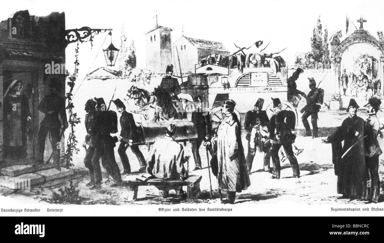Eventi, Seconda guerra d'Indipendenza Italiana 1859 - 1861, Battaglia di Solferino 24.6.1859, Stazione di incidente austriaca, arrivo di soldati feriti, incisione del legno, Leipziger Illustrierte Zeitung, 33, 1859, servizio medico, nun, ufficiale, medico, medico militare, chirurgo, cappellano, aidmen, ambulanza, medici, 19th secolo, storico, persone, Foto Stock