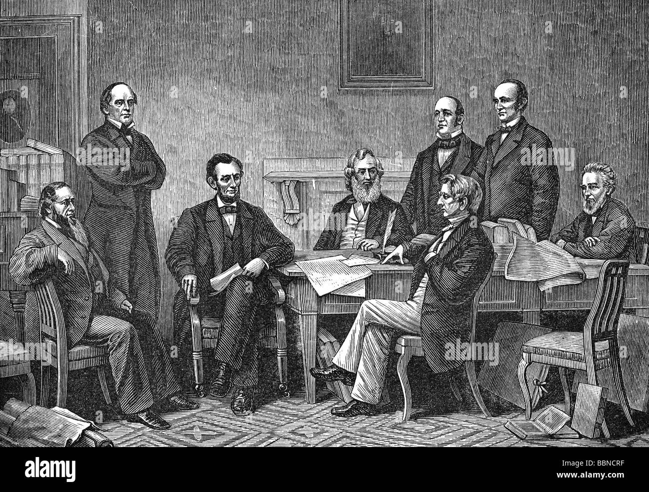 Lincoln, Abraham, 12.2.1809 - 15.4.1865, politico americano (Rep), 16th Presidente degli Stati Uniti 4.3.1861 - 15.4.1865, firma la Proclamazione di emancipazione, Washington DC, 22.9.1862, incisione del legno, 19th secolo, Foto Stock