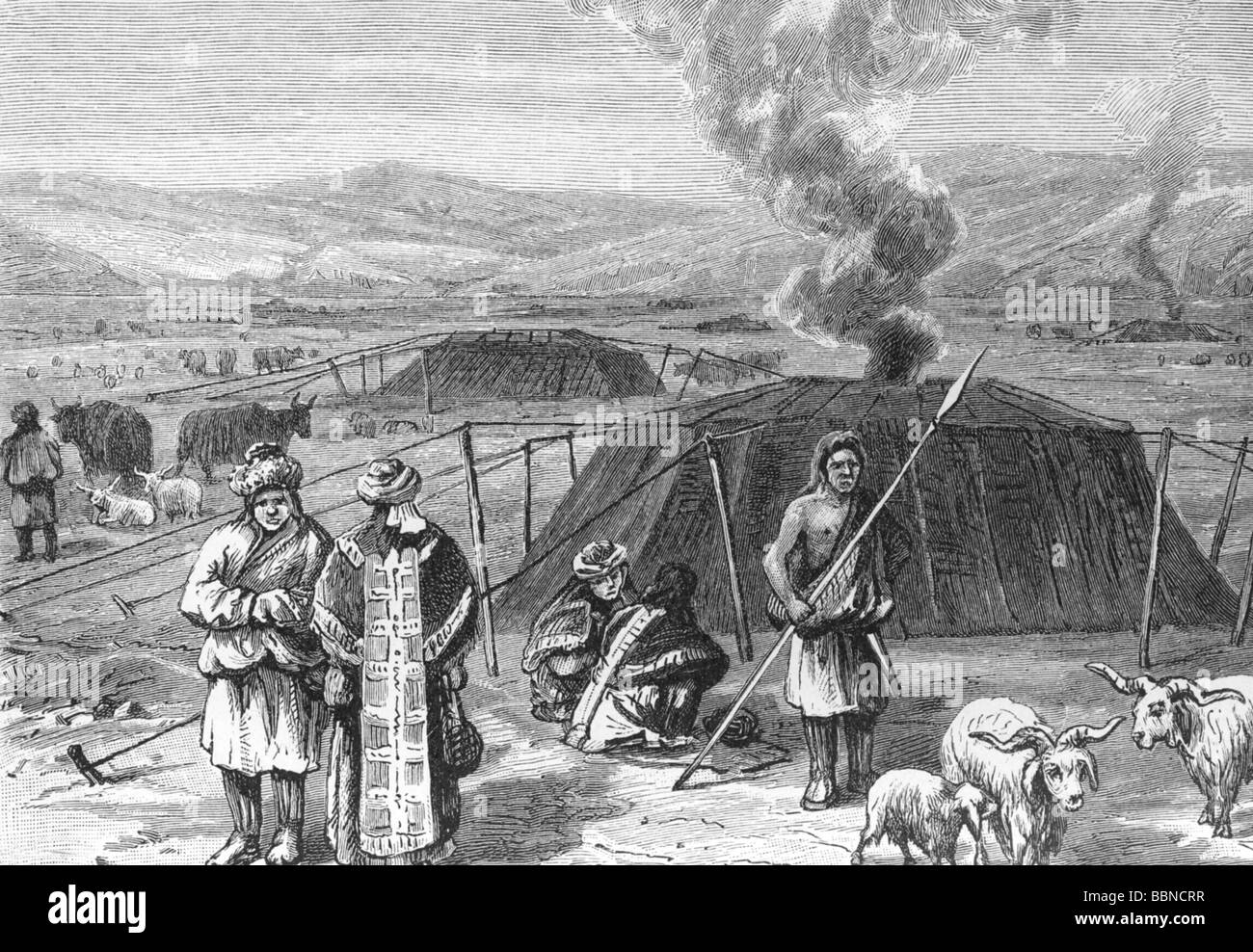 Przhevalsky, Nikolai Mikhavylich, 12.4.1839 - 1.11.1888, esploratore e generale russo, la sua tenda campo di nomadi tibetani, incisione in legno di Ernst Heyn (1841 - 1894), Foto Stock