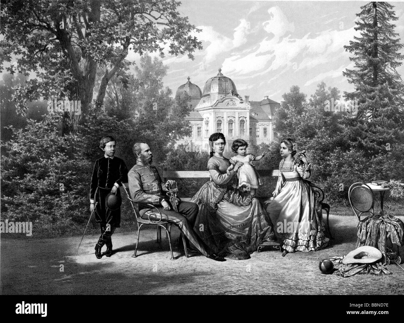 Franz Joseph i, 18.8.1830 - 21.11.1916, imperatore d'Austria dal 1848, con la sua famiglia nel giardino del Castello Godollo, litografia, dopo disegno di V. Katzler, 1871, Foto Stock