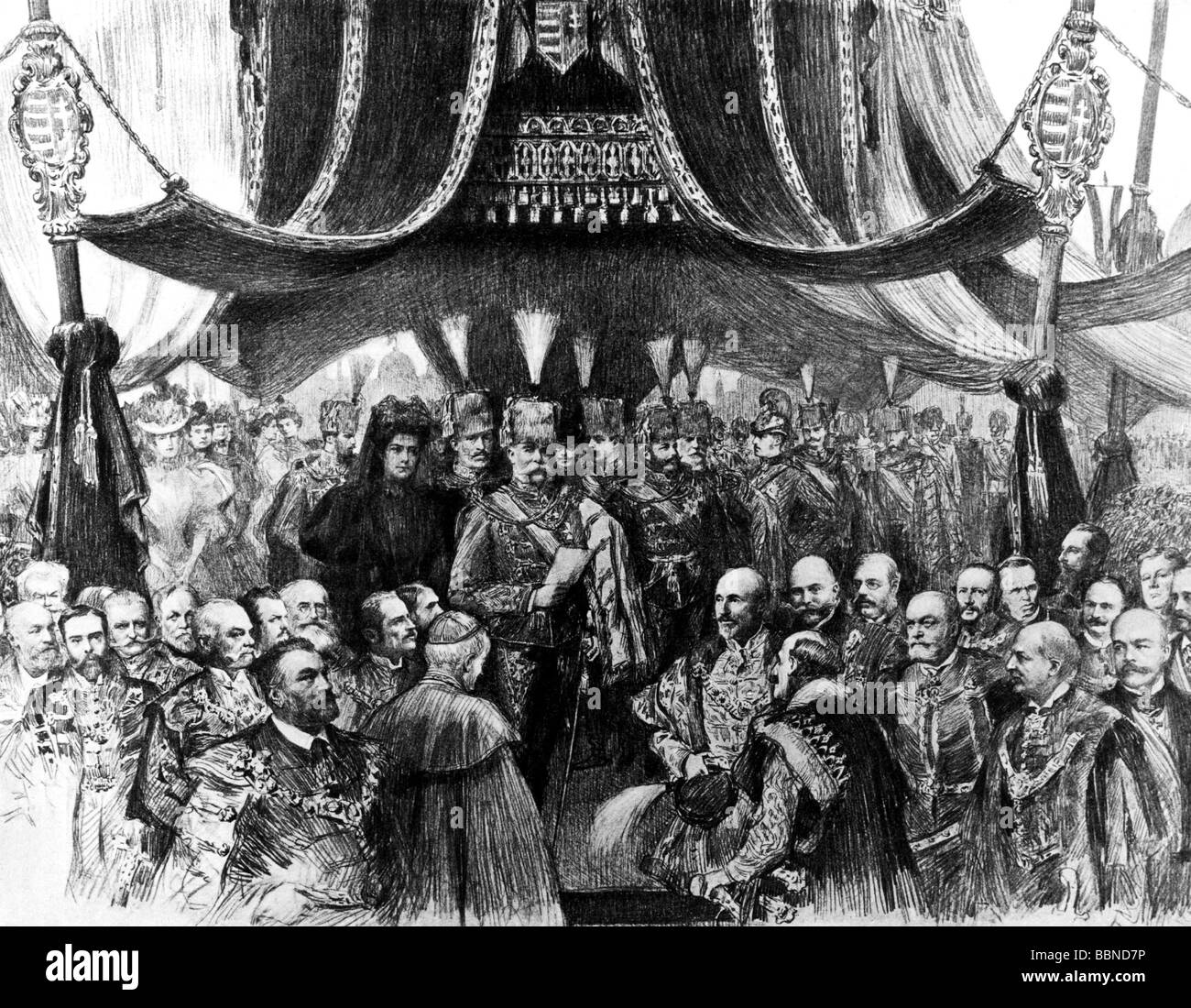 Franz Joseph i, 18.8.1830 - 21.11.1916, imperatore d'Austria dal 1848, a mezza lunghezza, con la moglie Elisabeth ('sisi'), durante il millenario dell'Ungheria 1.2.1897, atto cerimoniale a Budapest, incisione contemporanea del legno, Foto Stock