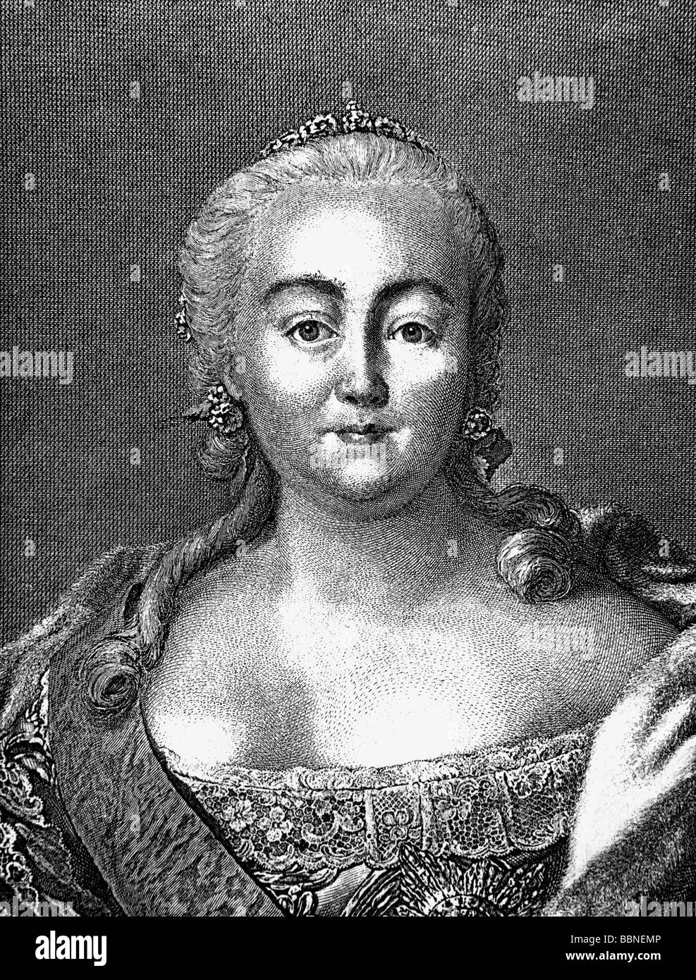 Elisabetta Petrovna, 18.12.1709 - 5.1.1762, imperatrice di Russia 25.11.1741 - 5.1.1762, ritratto, incisione su rame, XVIII secolo , artista del diritto d'autore non deve essere cancellata Foto Stock