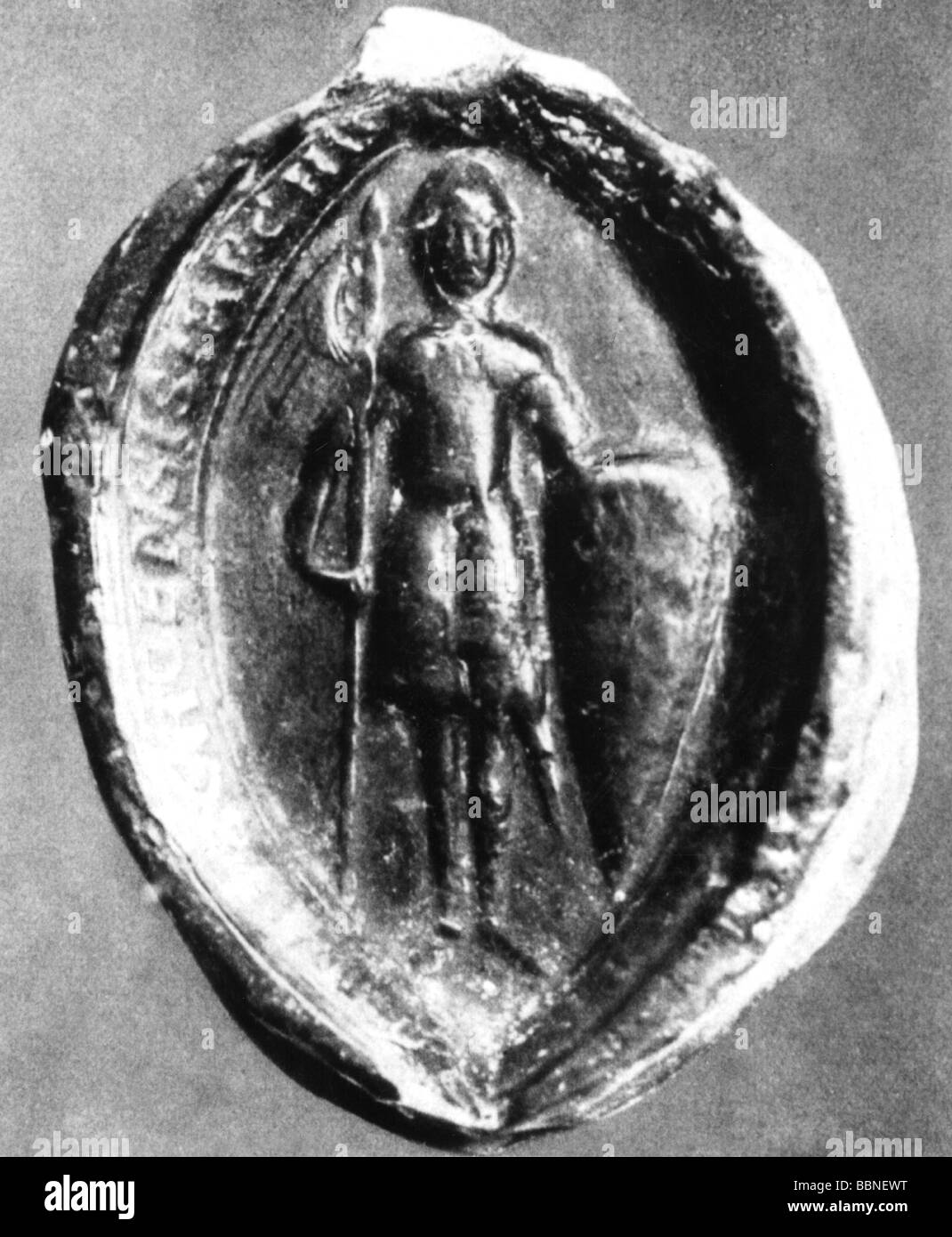 Alberto l'Orso, circa 1100 - 18.11.1170, Margravio di Brandeburgo, in piedi con bandiera e scudo, il suo cartello, Foto Stock