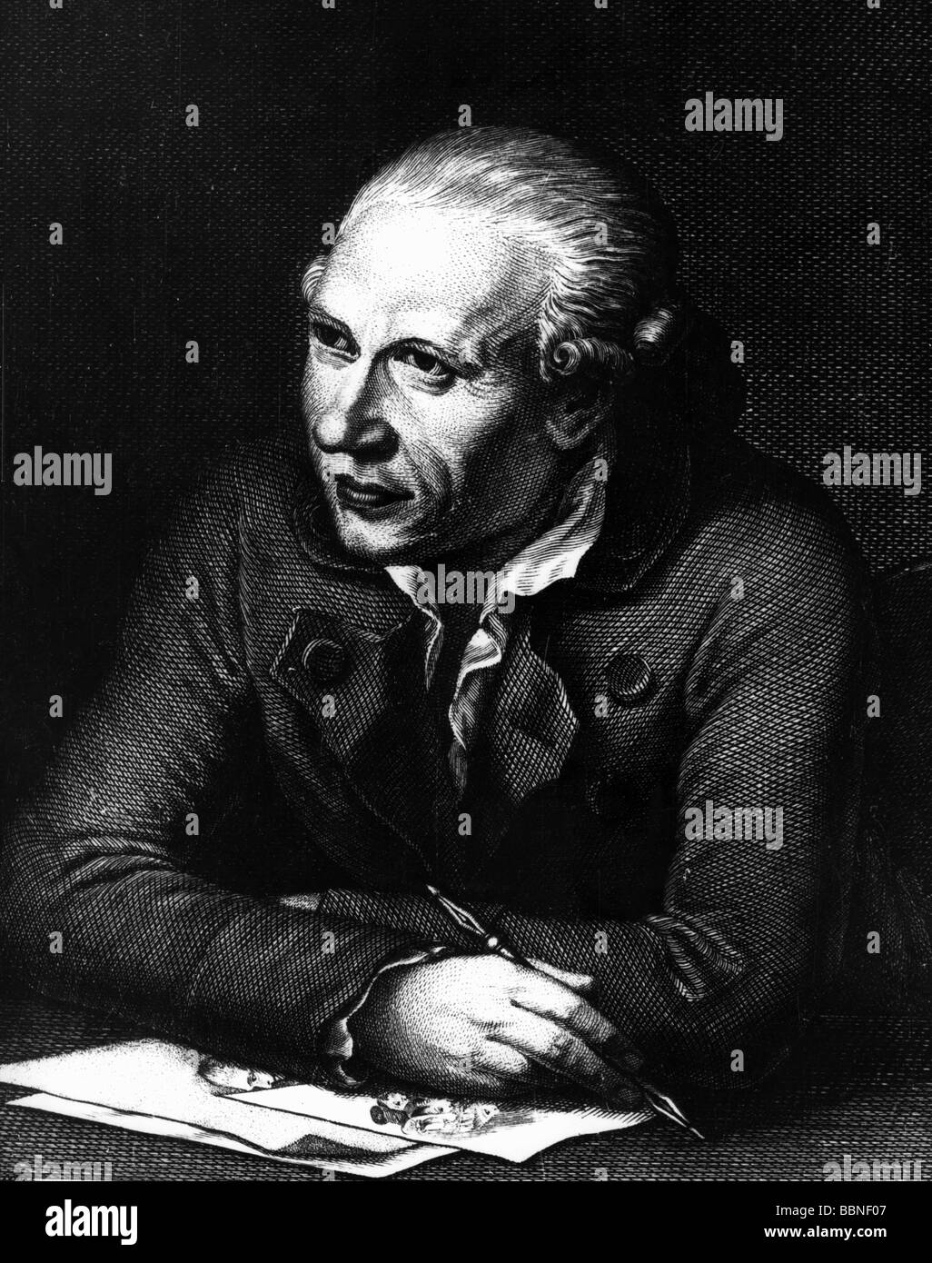 Chodowiecki, Daniel, 16.10.1726 - 7.2.1801, Polacco - pittore e tipografo tedesco, a mezza lunghezza, seduto al tavolo, scrivendo, Foto Stock