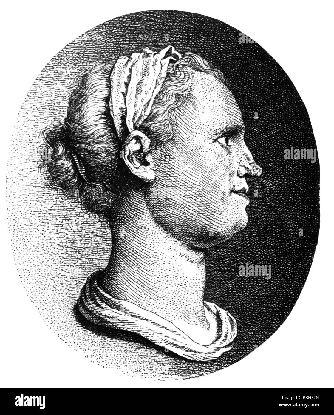 Karsch, Anna Louisa, 1.12.1722 - 12.10.1791, poeta tedesco, noto come 'Die Karschin', ritratto, vista laterale, incisione contemporanea, Foto Stock
