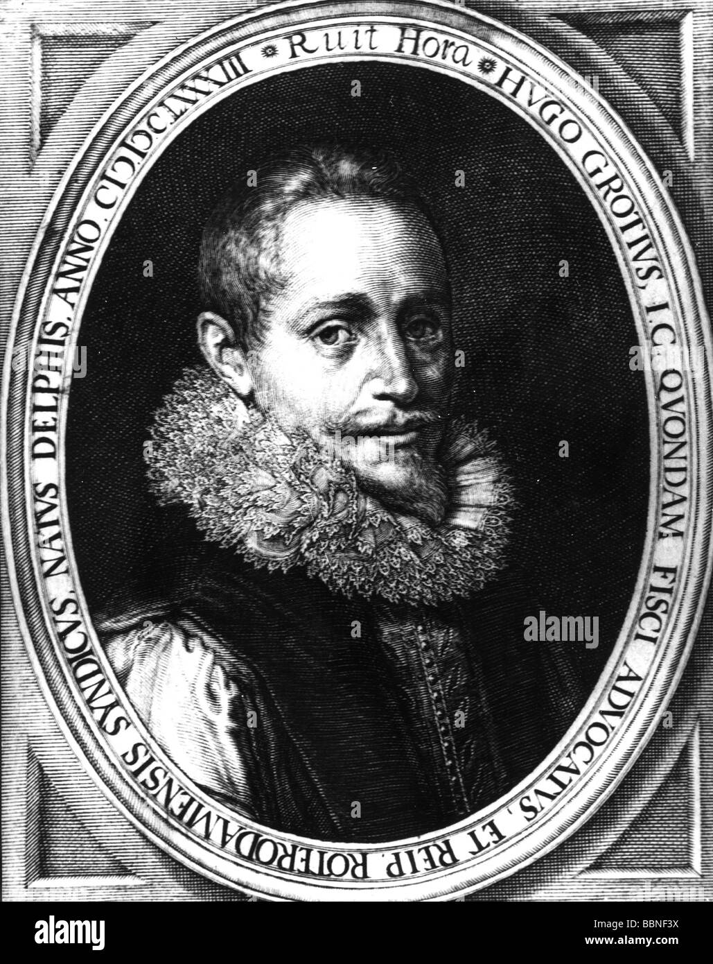 Grotius, Hugo,10.4.1583 - 28.8.1645, uomo politico olandese e studioso, ritratto, contemporanea incisione su rame, artista del diritto d'autore non deve essere cancellata Foto Stock