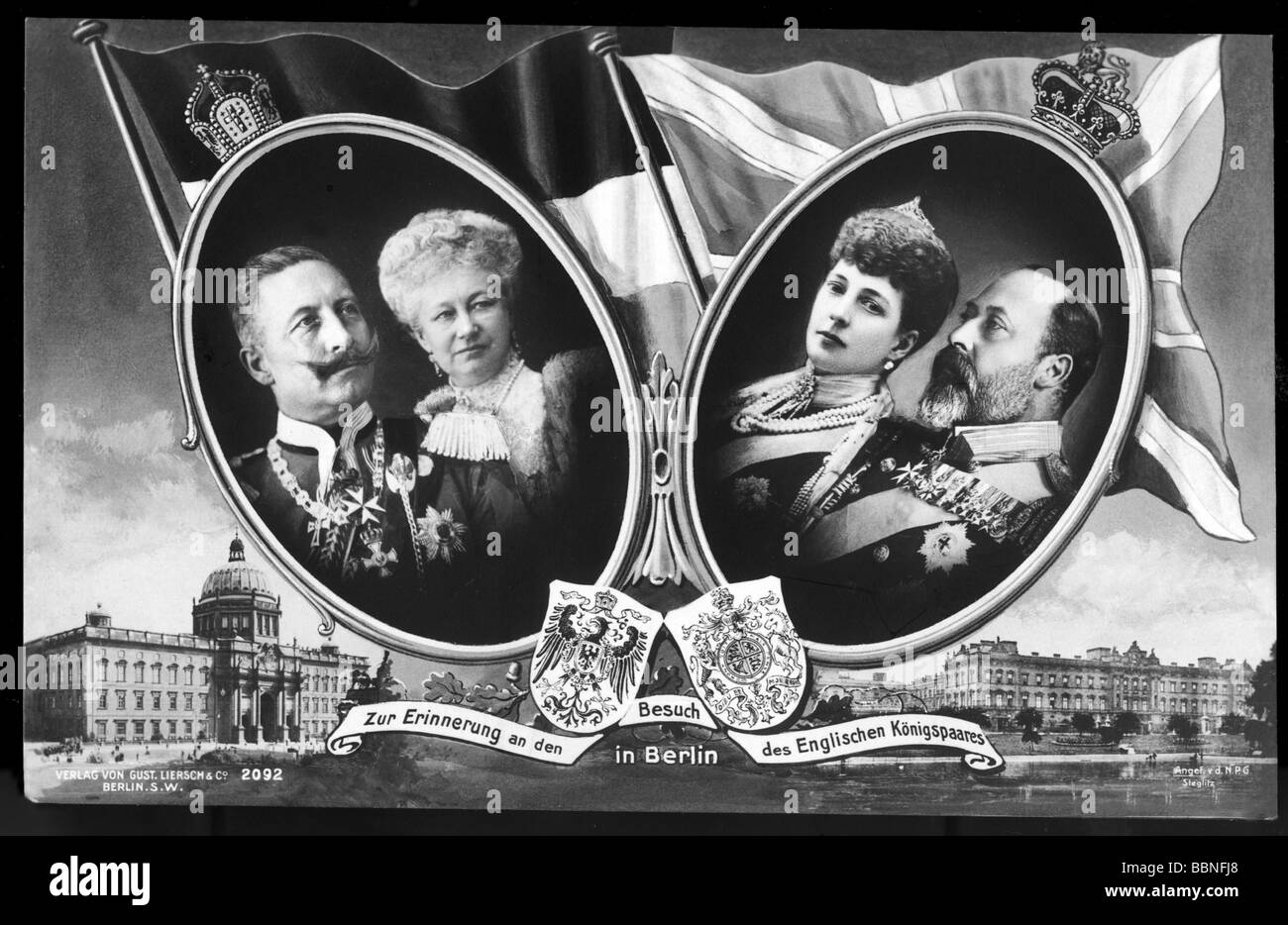 Wilhelm II, 27.1.1859 - 4.6.1941, imperatore tedesco 1888 - 1918, ritratto, con sua moglie Auguste Viktoria e re Edoardo VII del Regno Unito e sua moglie Alexandra, cartolina, stampata in occasione della visita della coppia reale britannica in Germania, Foto Stock