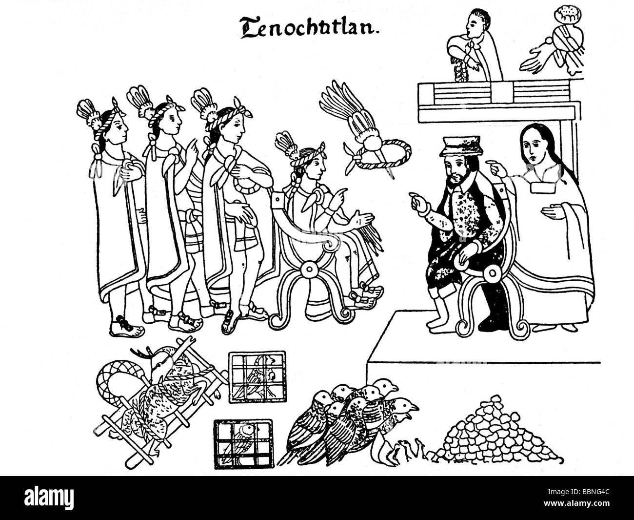 Cortes, Hernan, 1485 - 2.12.1547, conquistador spagnolo, incontro con Montezuma II (Monteczuma), imperatore degli Aztechi, Tenochtitlan, 1520, disegno azteco di Lienzo de Tlacala, Foto Stock