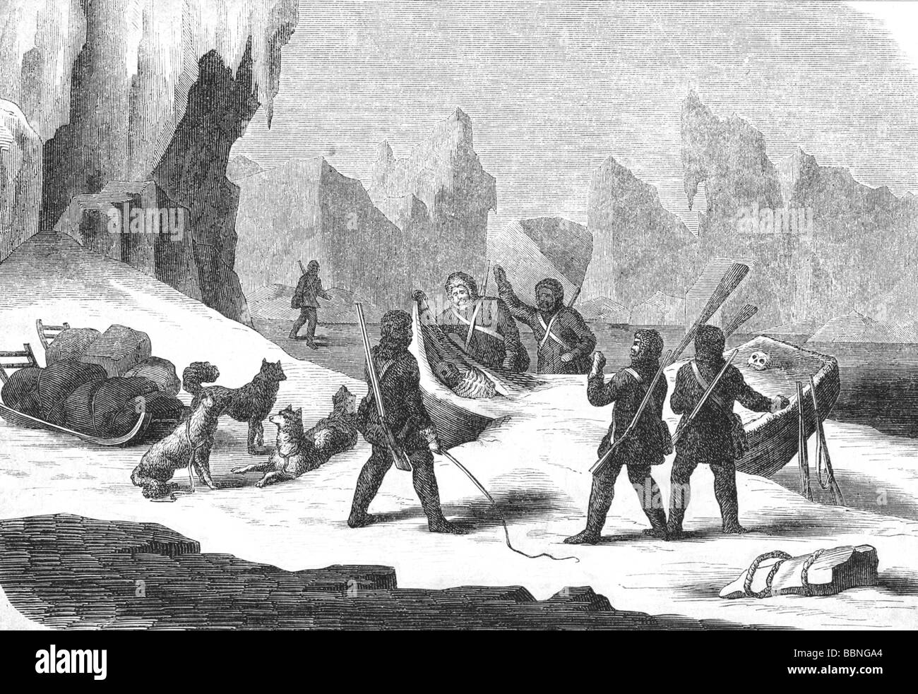 Franklin, John, 16.4.1786 - 11.6.1847, esploratore artico britannico, cerca i resti della sua spedizione, McClintock recuperando il suo corpo morto su King Williams Land, litografia, 1859, Foto Stock