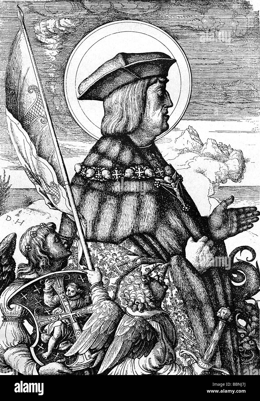 Massimiliano I., 22.3.1459 - 12.1.1519, Sacro Romano Imperatore 4.2.1508 - 12.1.1519, a mezza lunghezza, con angelo, immagine allegoria, intagliato da Daniel Hopfer (circa 1470 - 1536), Foto Stock