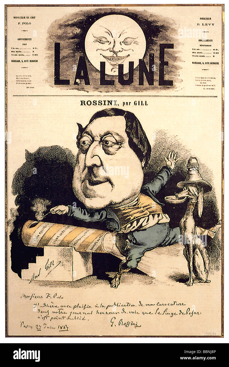 Rossini, Gioacchino Antonio, 29.2.1792 - 13.11.1868, compositore italiano, caricatura, disegno di Andre Gill, 'la Lune', title page, 1867, Foto Stock