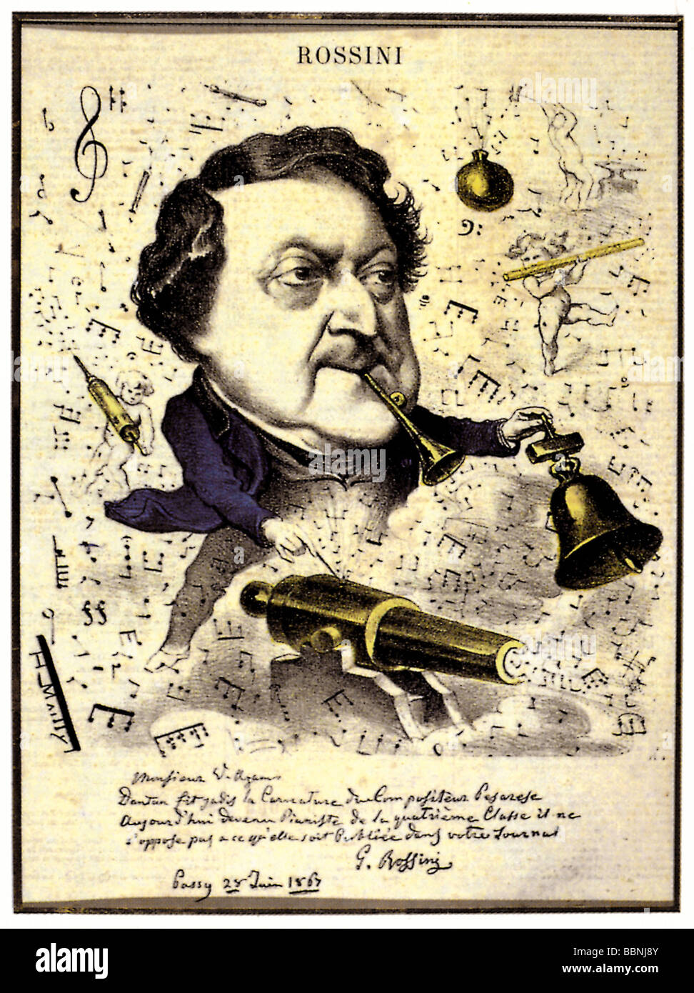 Rossini, Gioacchino Antonio, 29.2.1792 - 13.11.1868, compositore italiano, caricatura, disegno di Ippolita Mailly per 'le Charivari', 1867, in occasione del 75th compleanno di Rossini, Foto Stock