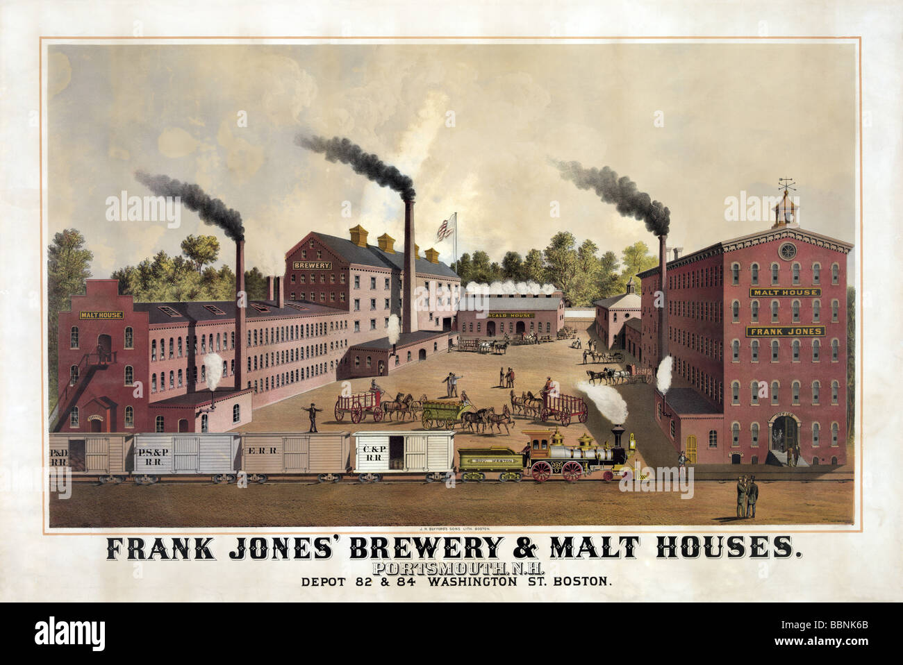 Stampa litografia di circa 1890s advertising Frank Jones e la fabbrica di birra di malto, Case di Portsmouth, New Hampshire, Stati Uniti d'America. Foto Stock