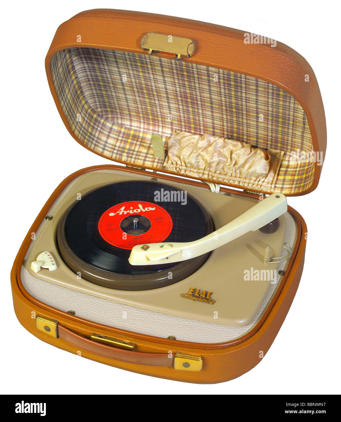 Technics, record player, ELAC typ Miraphon 12, Germania, circa 1959, prodable, made by Electroacustic GmbH Kiel, records, audio, phono, esponat Klingenden Museum Riedenburg, clipping, cut out, 1950s, 50s, storico, storico, 20th secolo, single record, Ariola, cut-out, cut-outs, Foto Stock