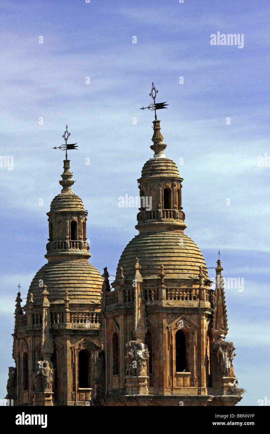 Torri gemelle della Clerecia chiesa e collegio dei gesuiti Salamanca Spagna Comprese le gru di nesting Foto Stock