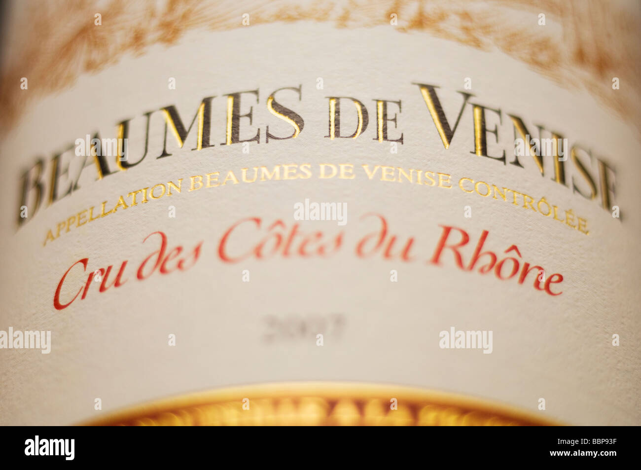 Beaumes de Venise etichetta vino closeup Foto Stock