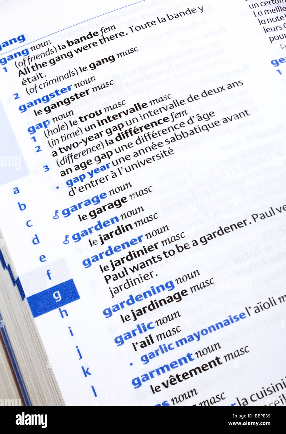 Inglese dizionario francese close up Foto Stock