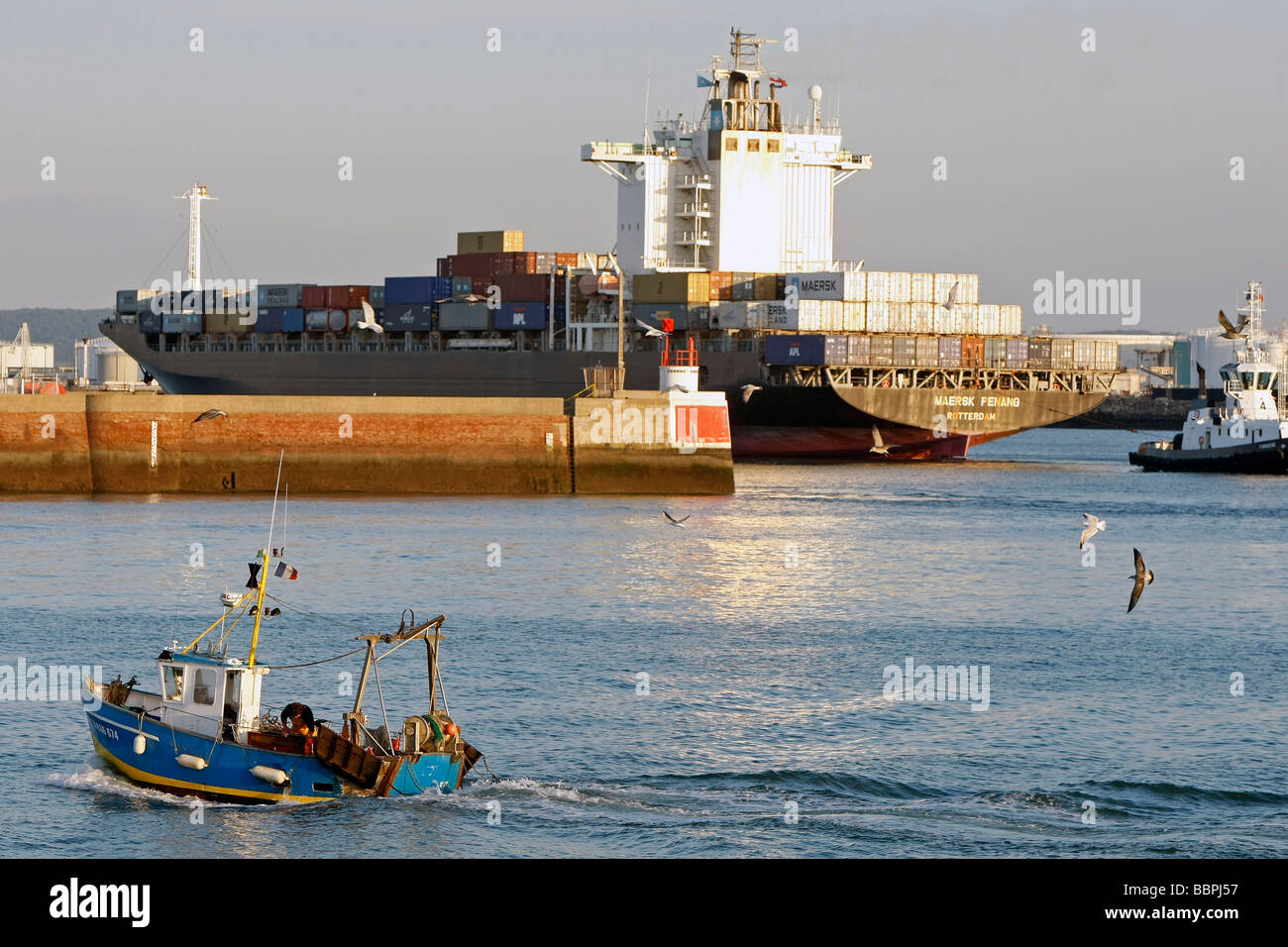 TRAWLER entrando nel porto nella parte anteriore di una nave portacontainer PORTO COMMERCIALE, LE HAVRE, SEINE-MARITIME (76), in Normandia, Francia Foto Stock