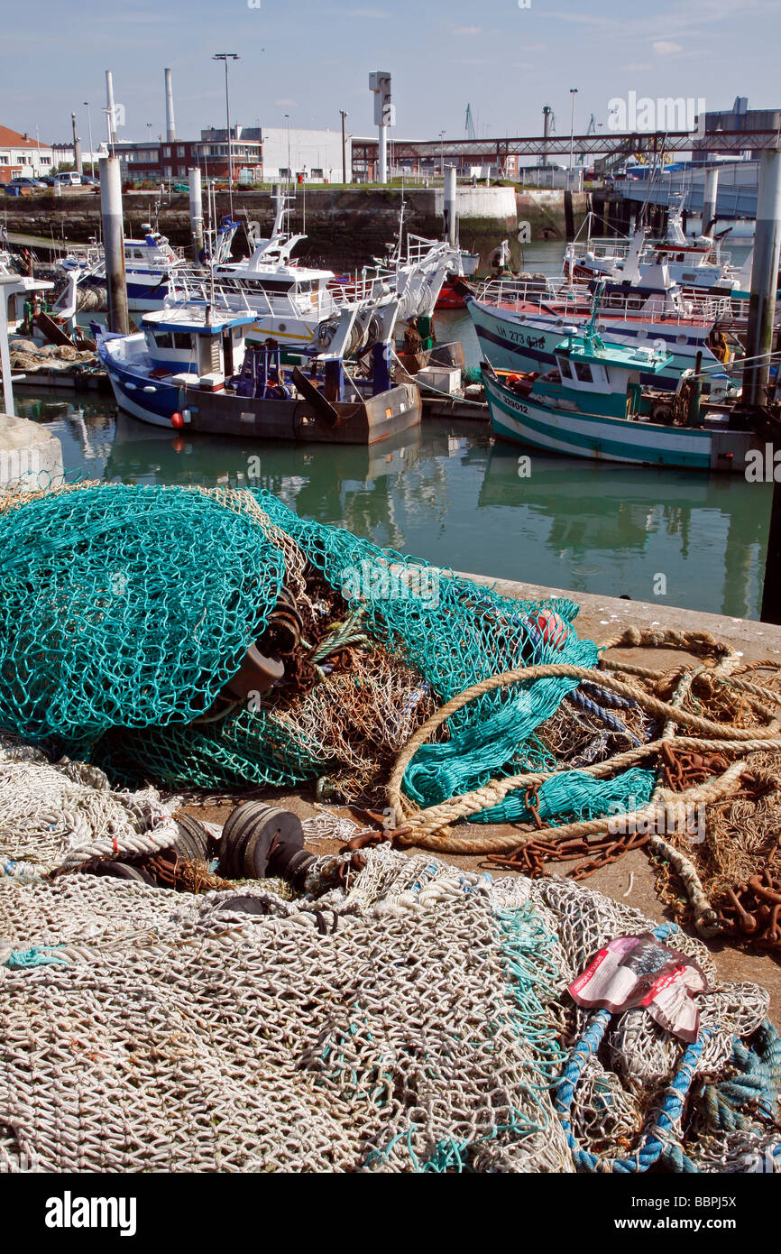 Reti asciugatura sul porto di pesca, LE HAVRE, SEINE-MARITIME (76), in Normandia, Francia Foto Stock