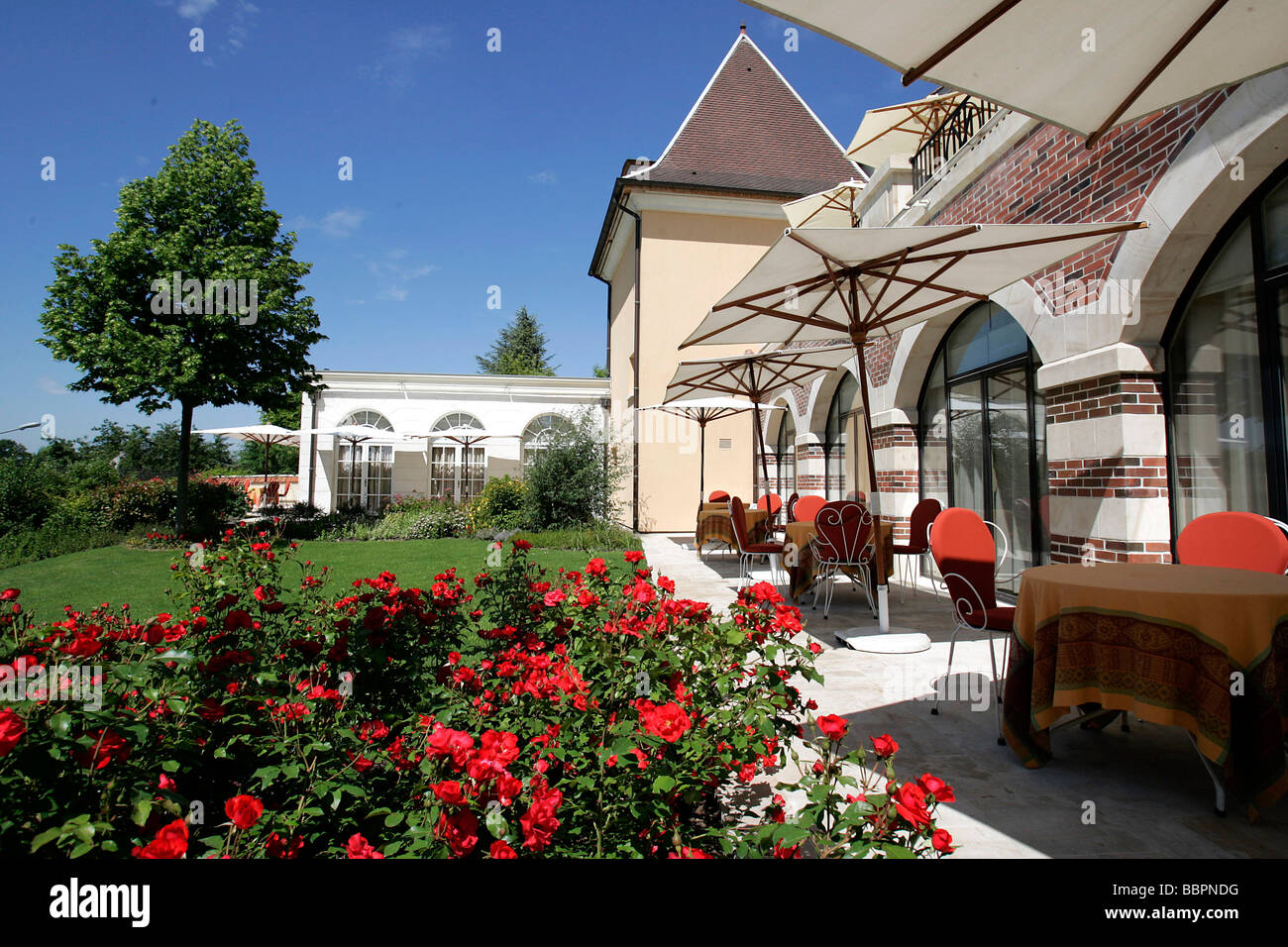 Terrazzo esterno e giardino al Relais et Chateaux Hotel, "LA COTE SAINT JACQUES', JOIGNY, Yonne (89), Bourgogne, Francia Foto Stock
