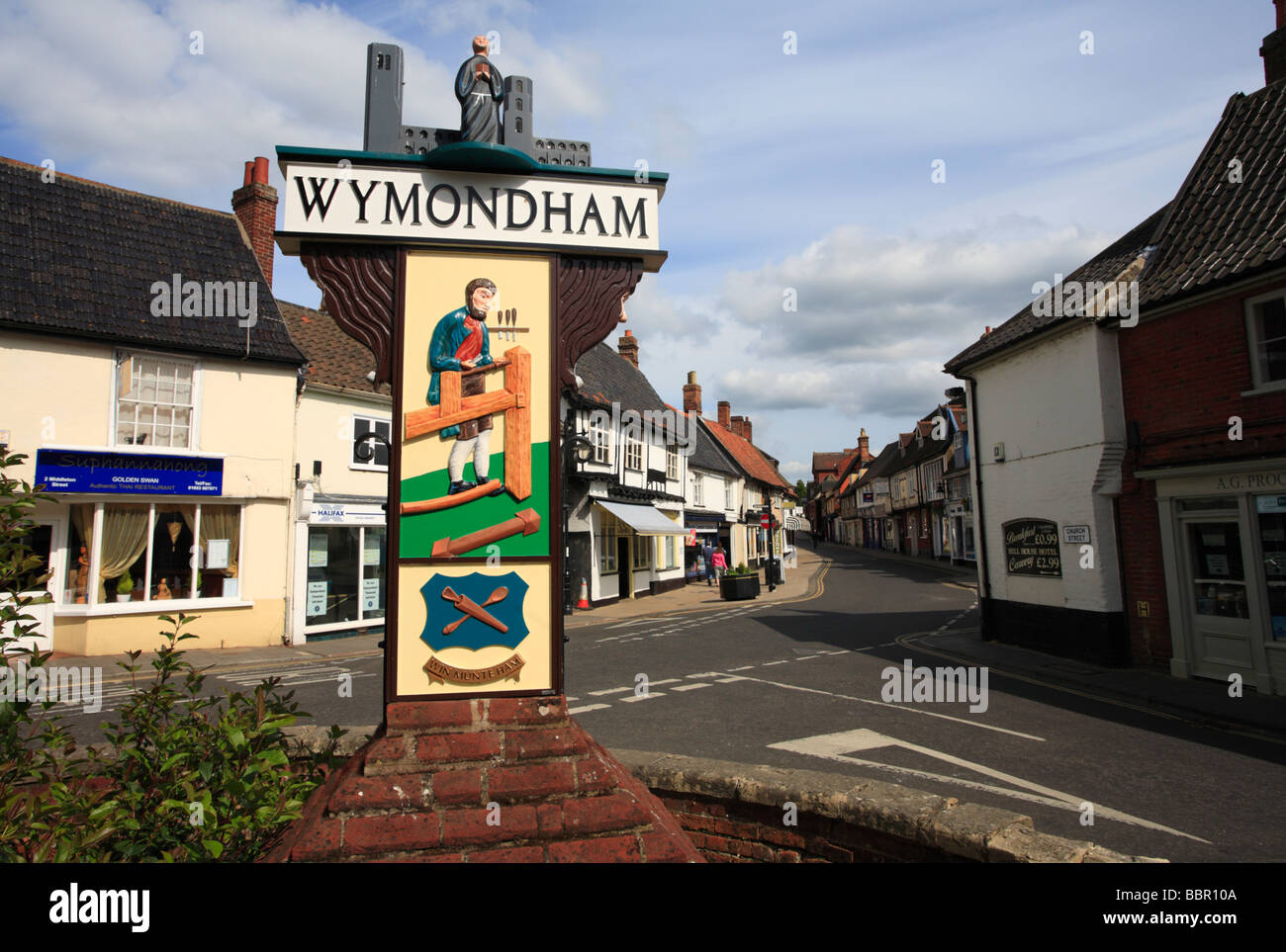 Il segno della città a Wymondham in Norfolk. Foto Stock