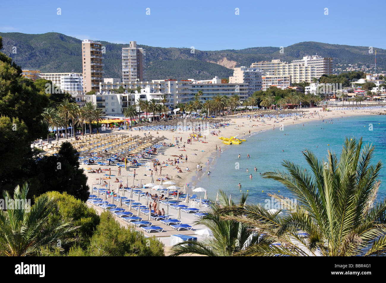 Vista della spiaggia, Magaluf, Calvia comune, Maiorca, isole Baleari, Spagna Foto Stock