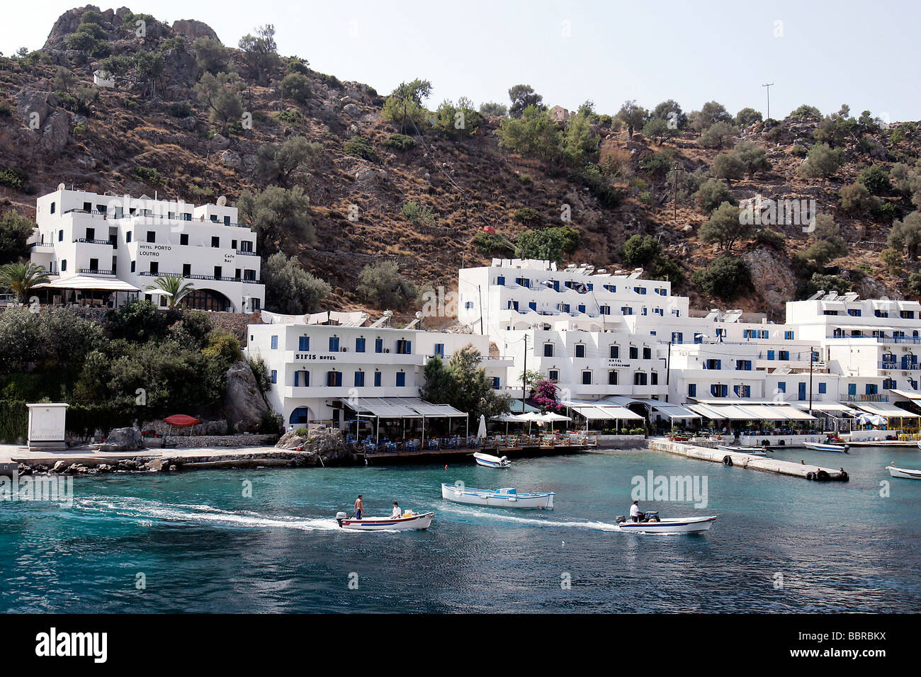 Villaggio di Loutro sul Mar Libico, Creta, Grecia Foto Stock