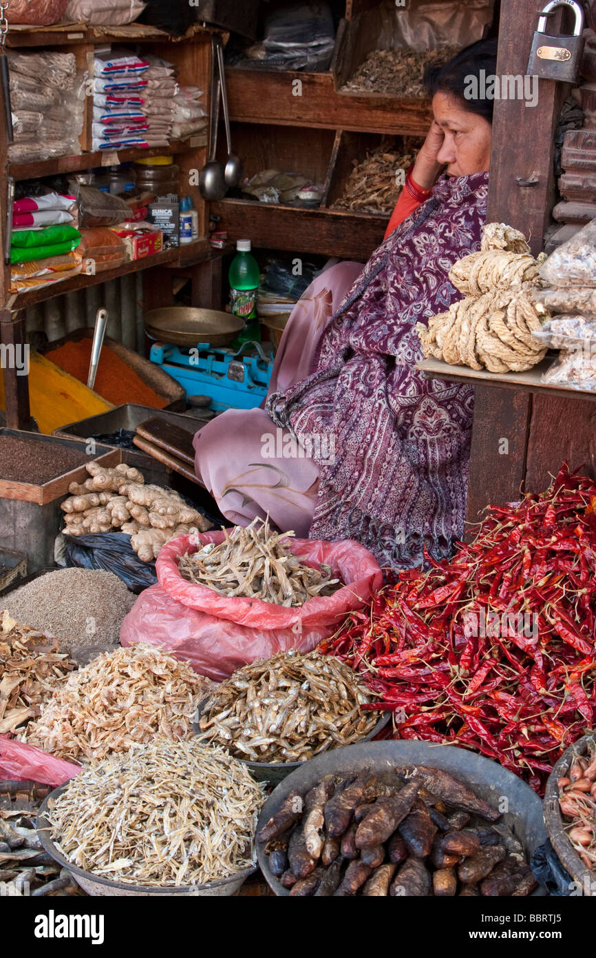 Kathmandu, Nepal. Un fornitore nepalese di pesce essiccati, peperoni, lo zenzero e il riso attende i clienti nella Durbar Square mercato. Foto Stock