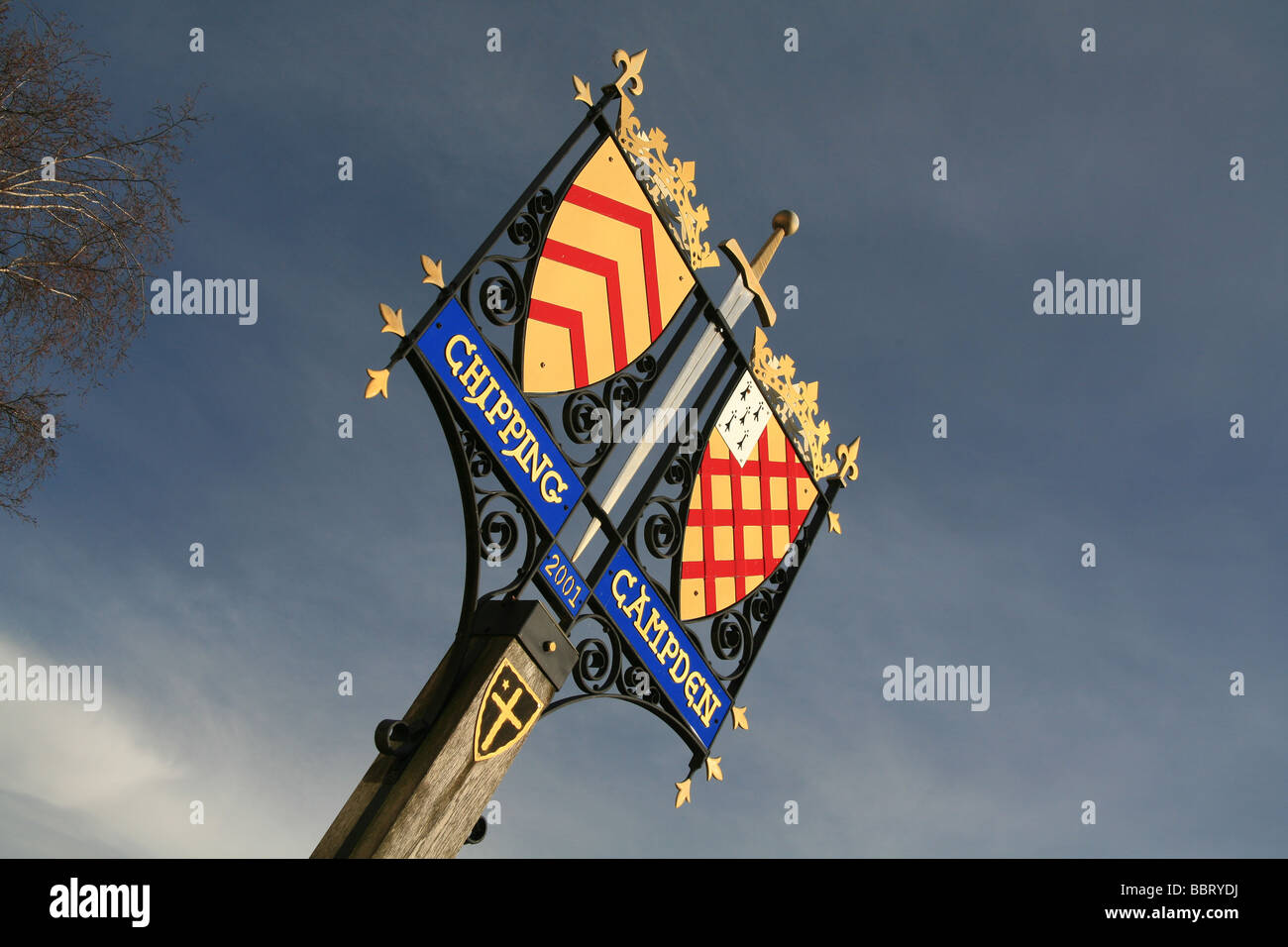 Il Chipping Campden town sign in High Street, Gloucestershire, England, Regno Unito Foto Stock