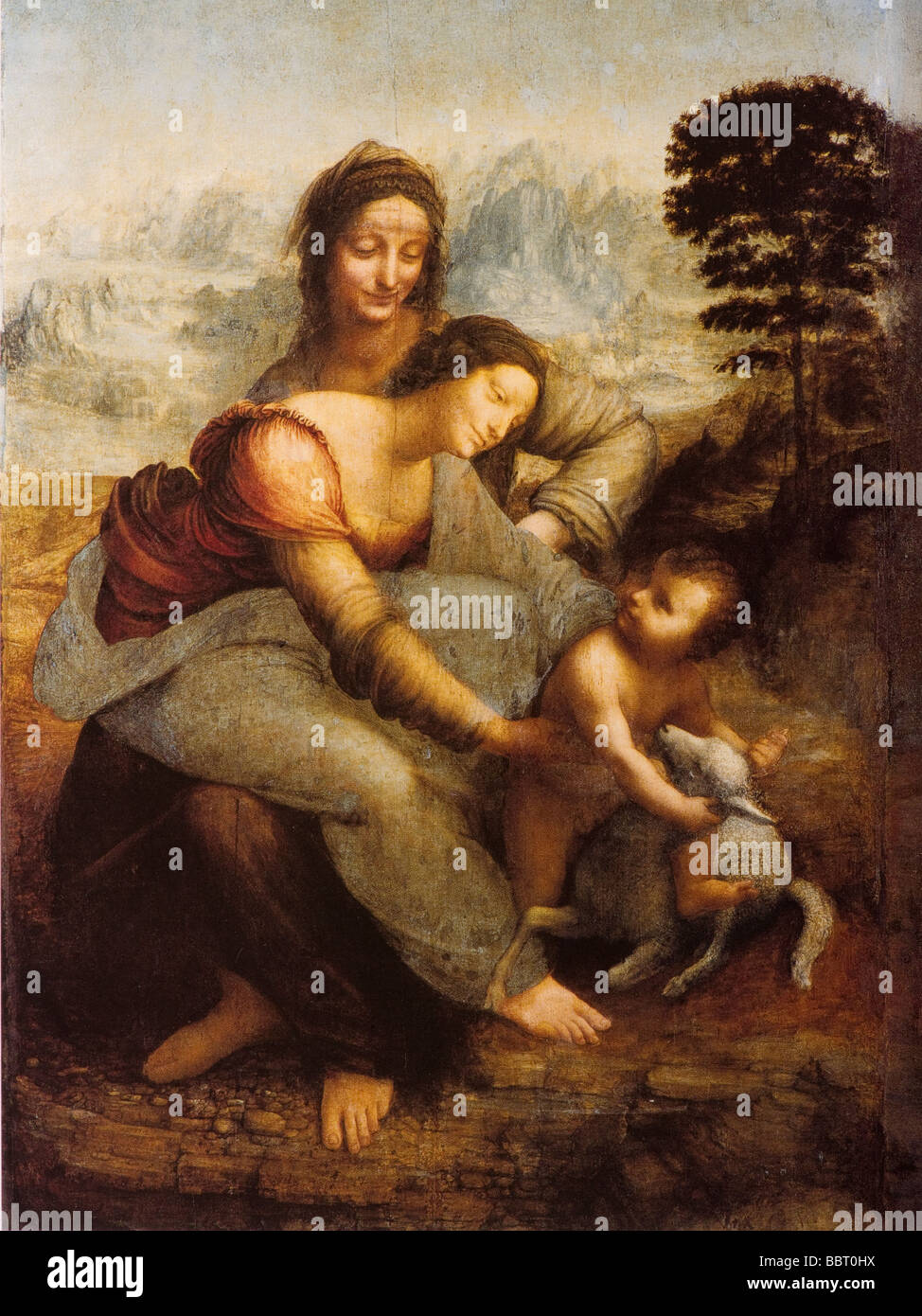 La Vergine e il bambino con Sant'Anna di Leonardo da Vinci Foto Stock