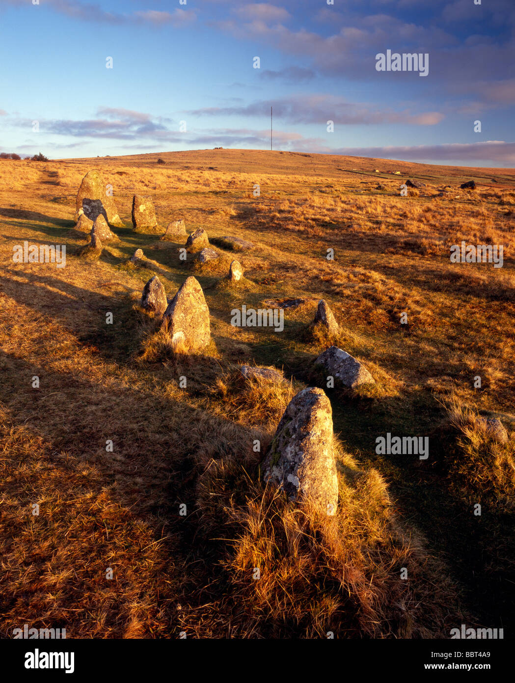 Riga di pietra a Merrivale, Dartmoor Devon, Regno Unito Foto Stock