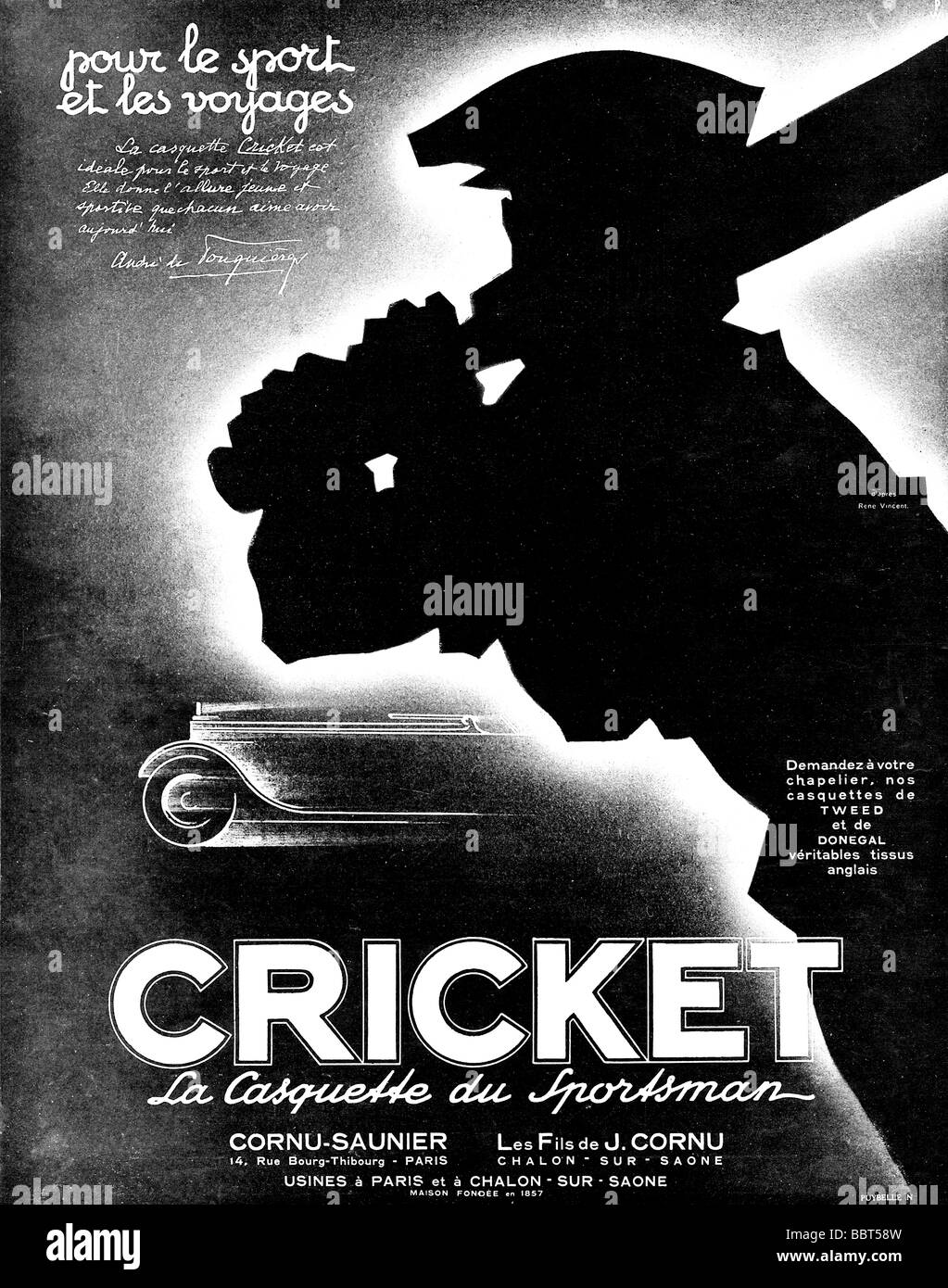 Cricket cappucci francese 1920s annuncio pubblicitario per la casquette du sportivo copricapo per lo sport e i viaggi in stile inglese Foto Stock