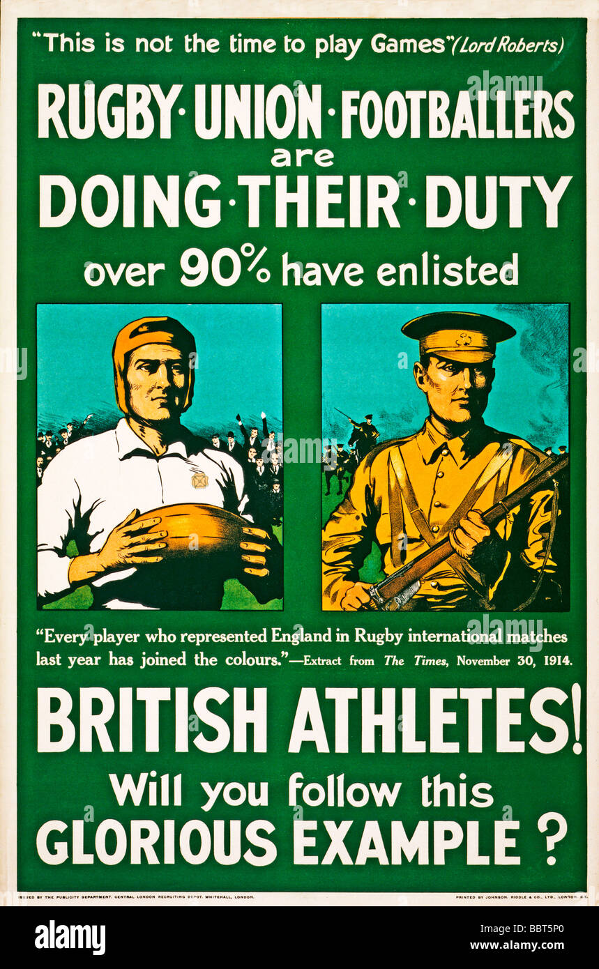 Rugby Union i calciatori stanno facendo il loro dovere 1915 poster di reclutamento atleti britannici unirsi alla vostra rugger giocando compagni Foto Stock