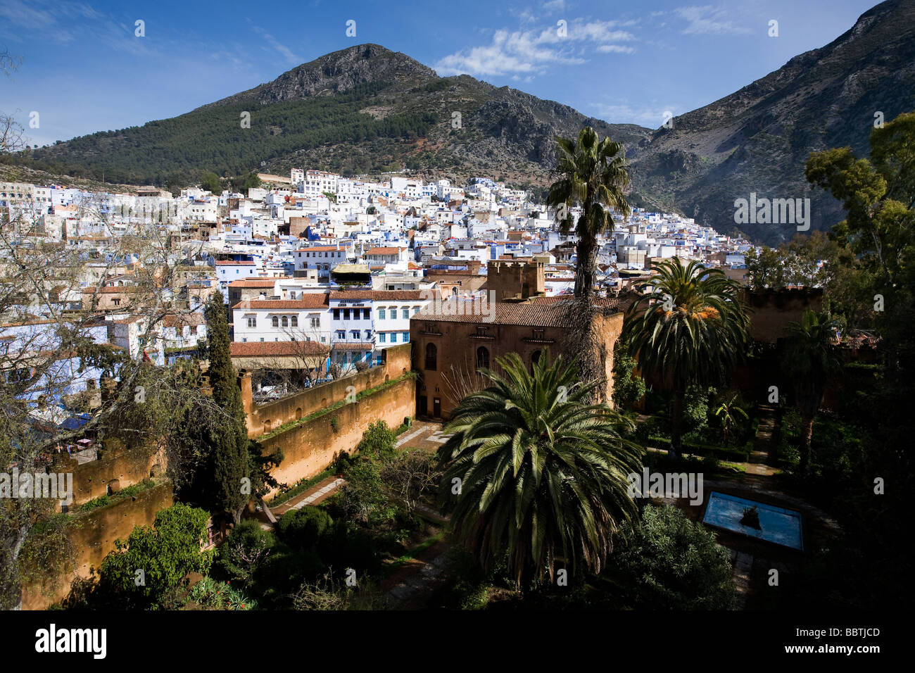 Vista della Kasbah e Chefchaouen, Marocco Foto Stock