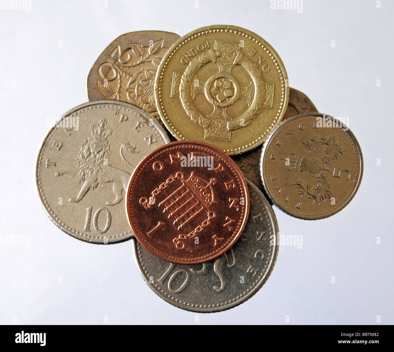 Close up britannica di argento e monete di rame Foto Stock
