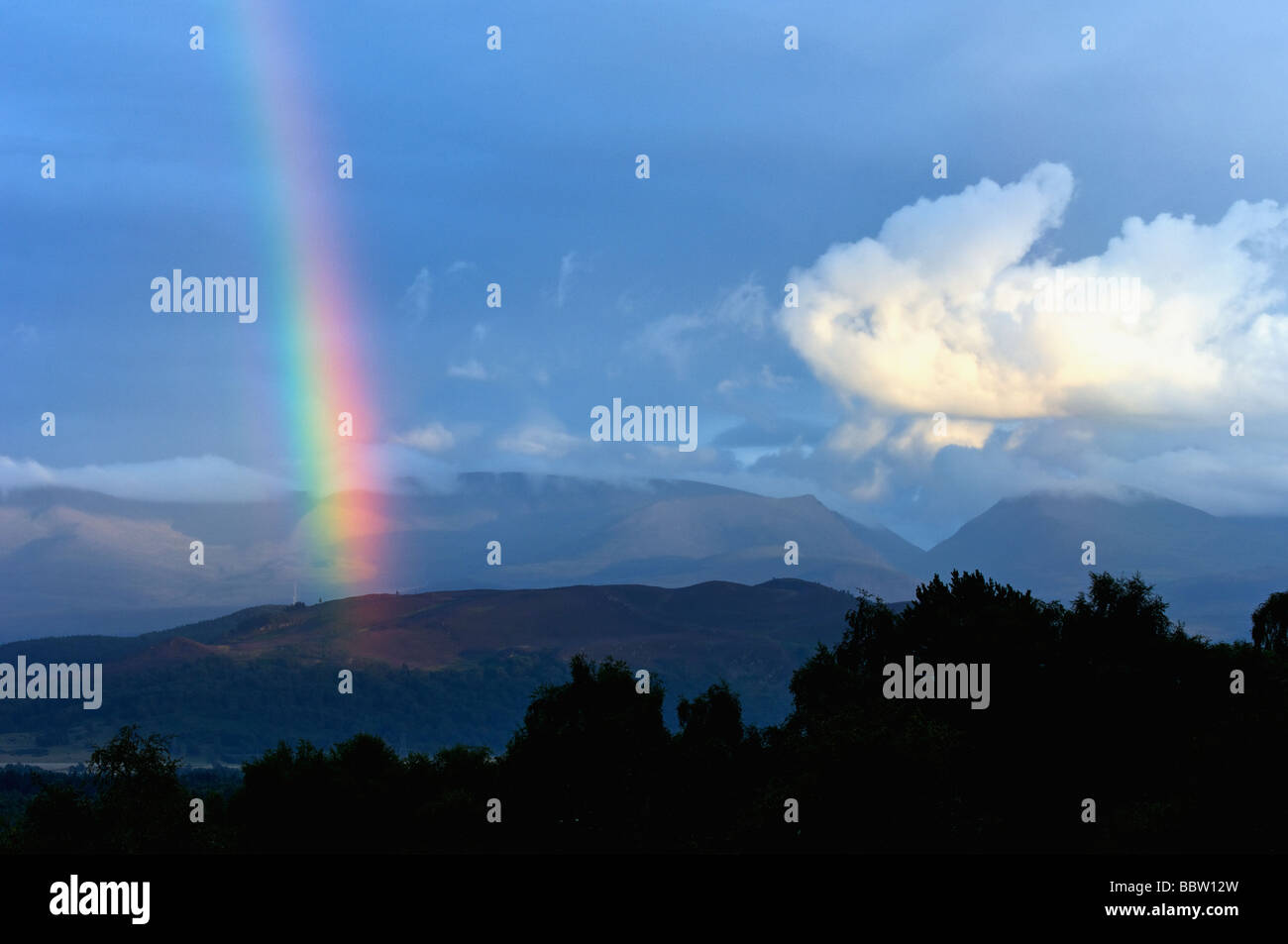 Rainbow su altipiani vicino a Aviemore Scozia Scotland Foto Stock