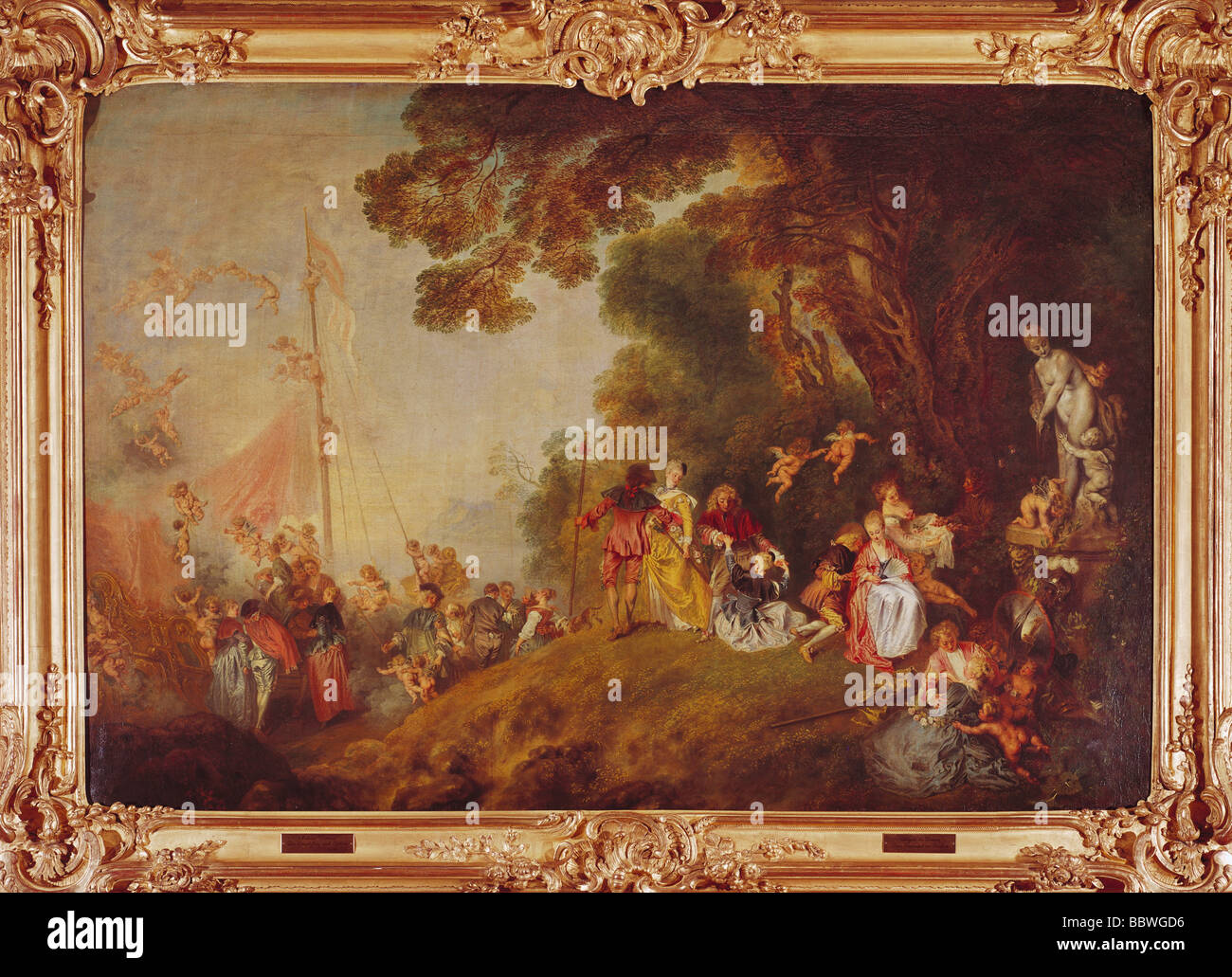 ÜF, Kunst, Watteau, Jean Antoine (1684 - 1721), Gemälde 'Einschiffung nach Cythera', um 1720, Öl auf Leinwand, 129 x 194 cm, ma Foto Stock