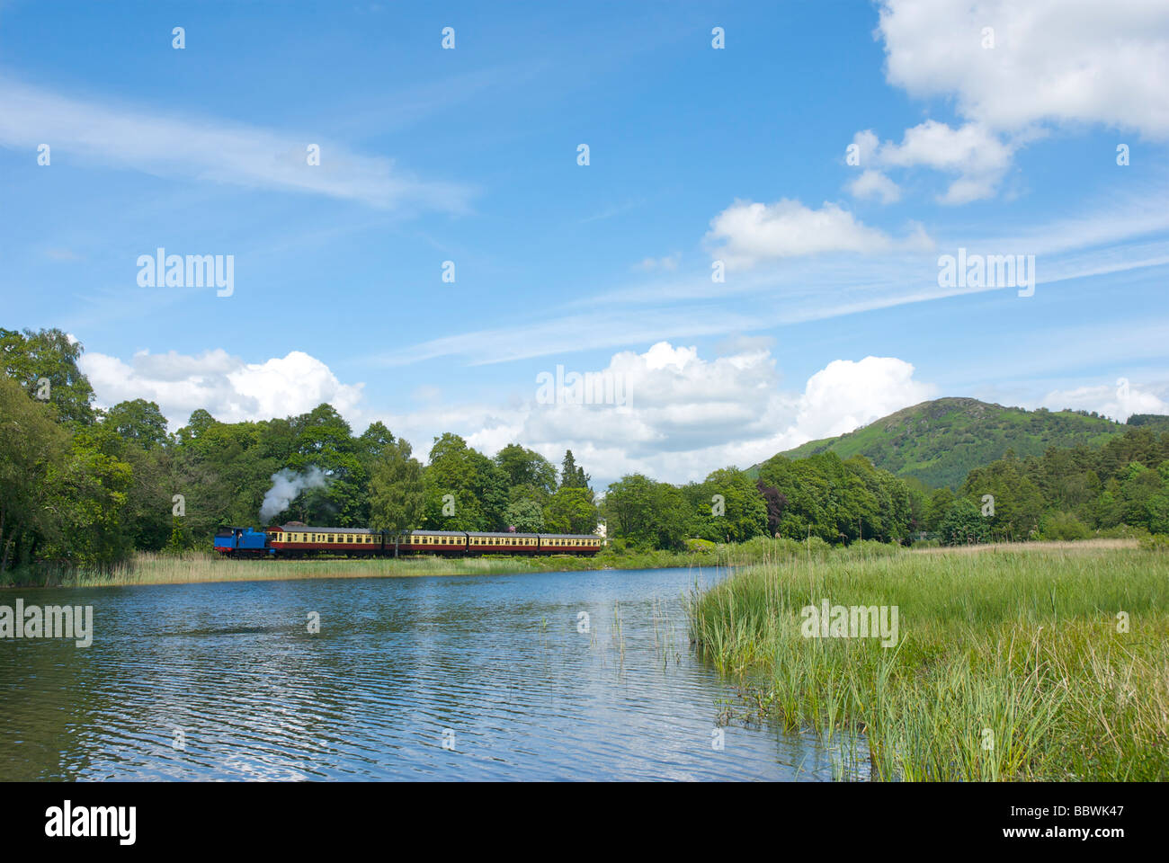 Treno a vapore sul lago & Haverthwaite ferroviarie, passando il fiume Leven, Parco Nazionale del Distretto dei Laghi, Cumbria, England Regno Unito Foto Stock