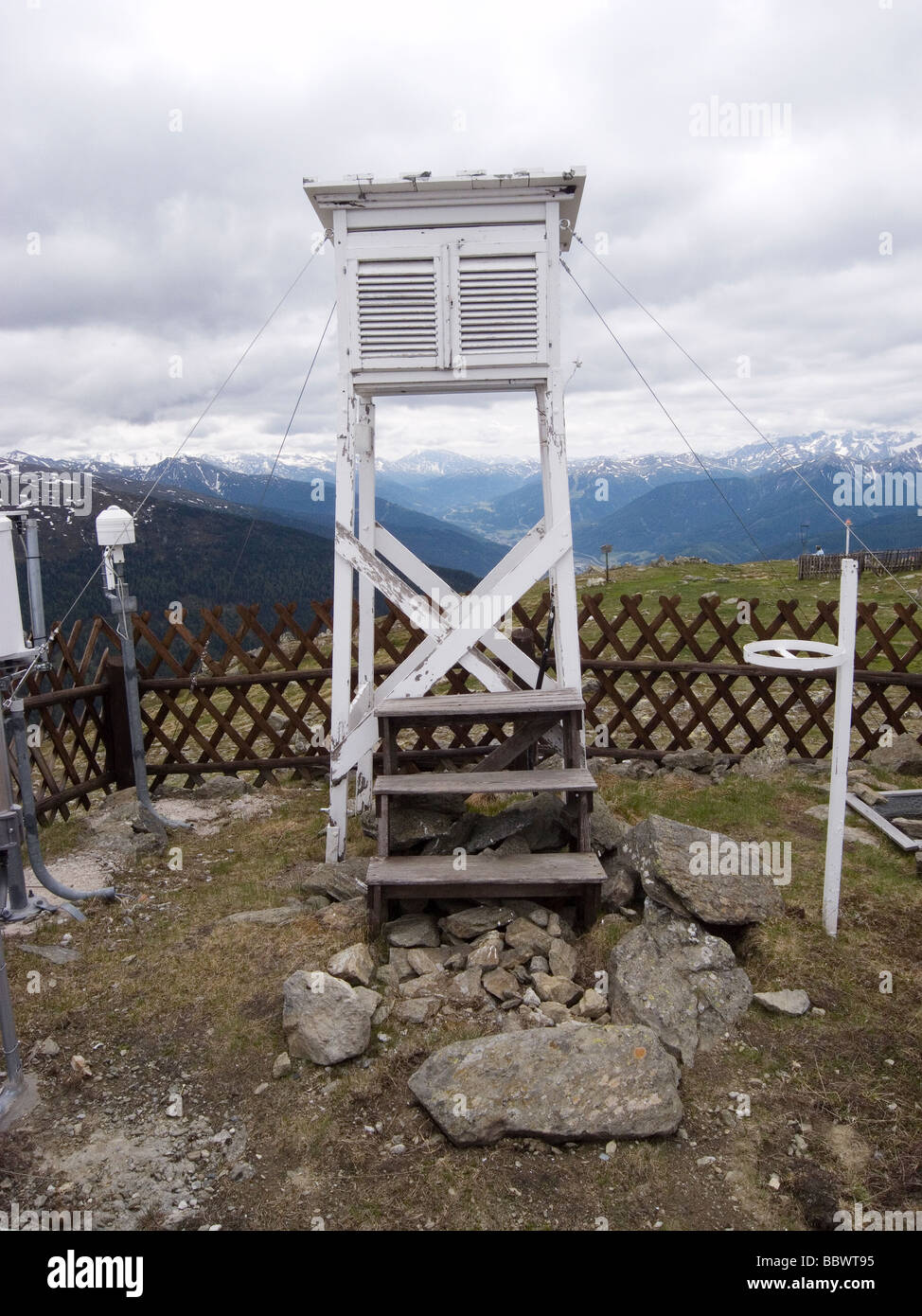 Stazione meteo con una schermata di Stevenson per la misurazione di temperatura e umidità sul Patscherkofel vicino a Innsbruck Foto Stock